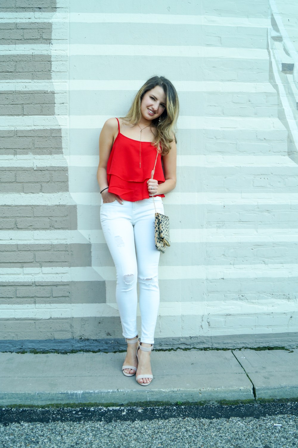 SheIn Tank, White Jeans, Cheetah Clutch